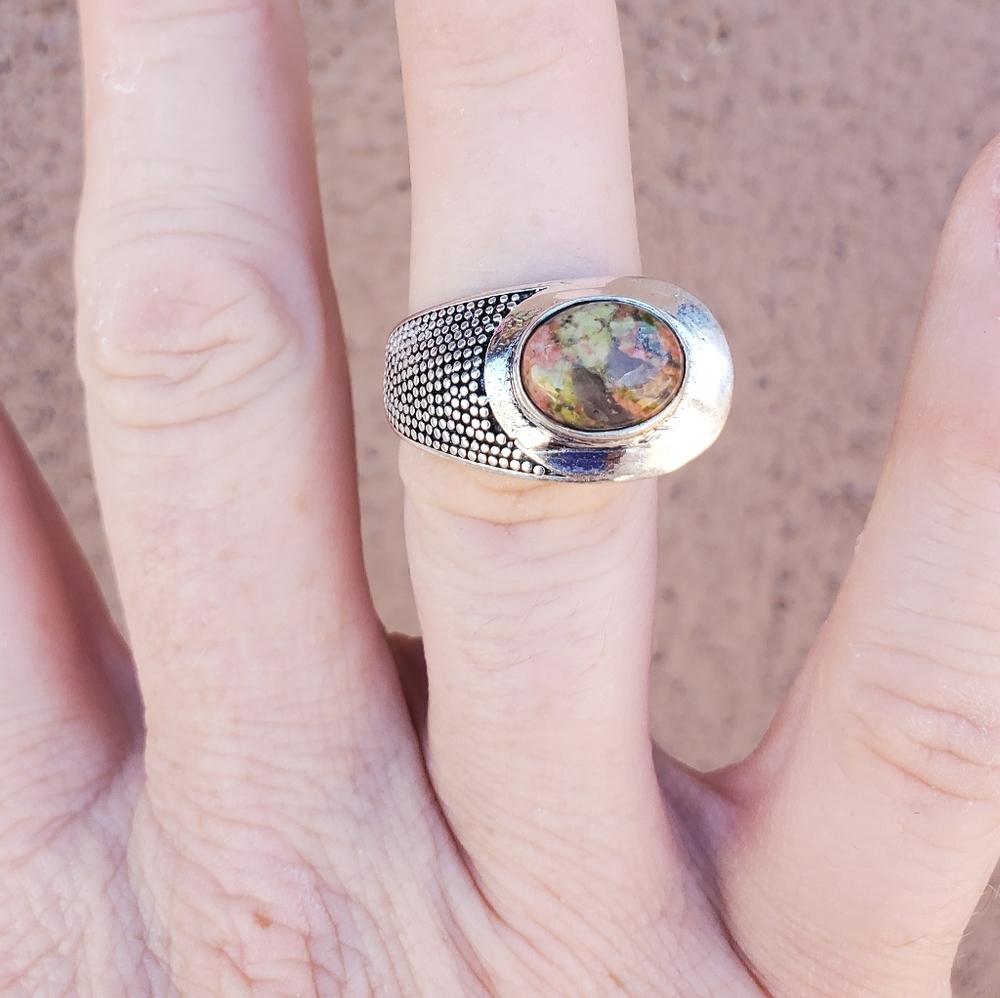 New Unakite Silver Plated Men's Pinky Ring.